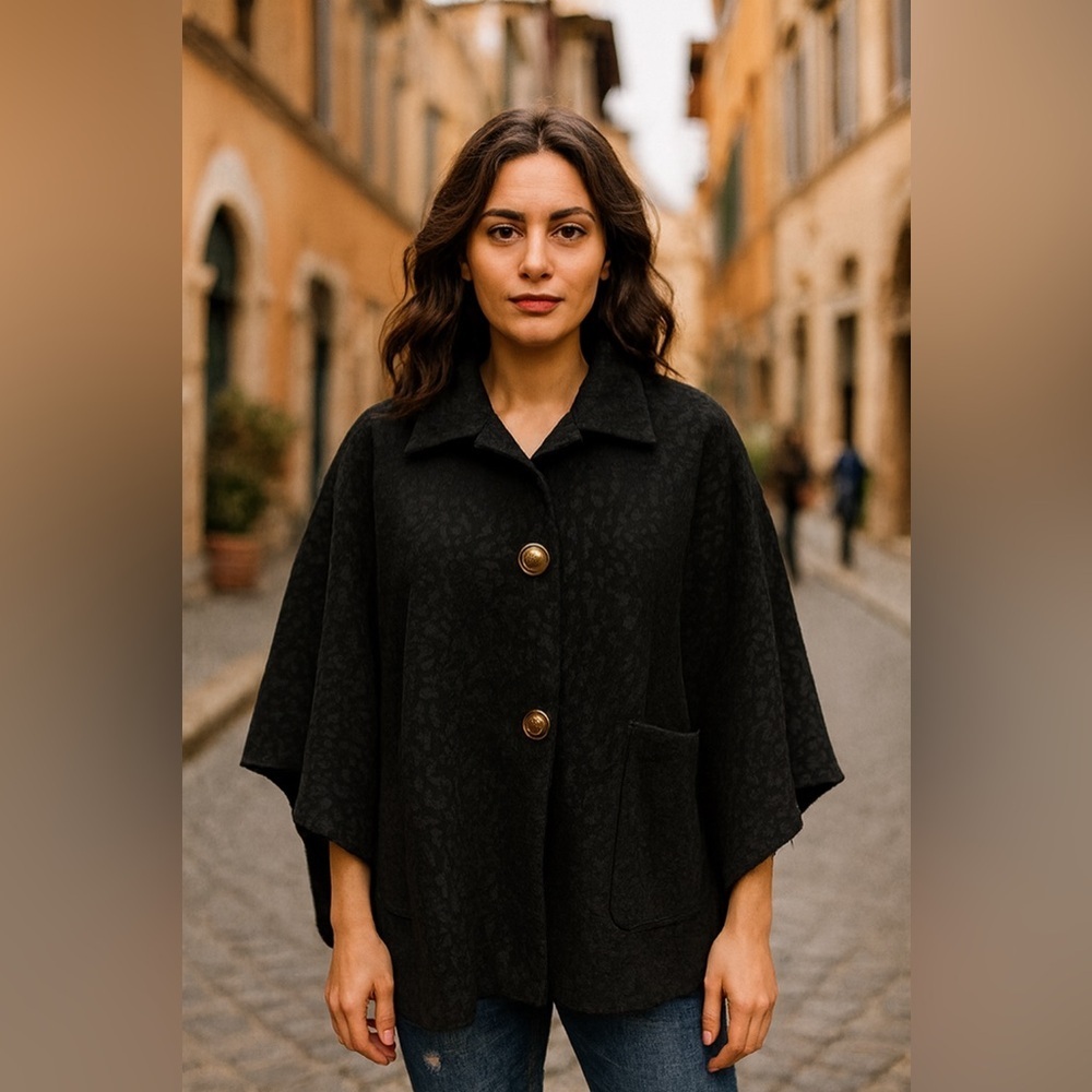 ITALICISE - Black Leopard on black Button Front CAPE / Poncho / Shawl. One Size